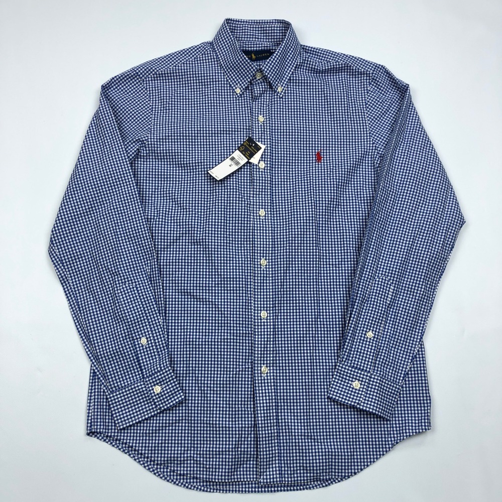 Polo Ralph Lauren Mens Medium Navy White Gingham Check Button Down Shirt Cotton